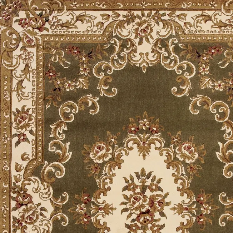 10' X 13' Green And Ivory Floral Medallion Area Rug
