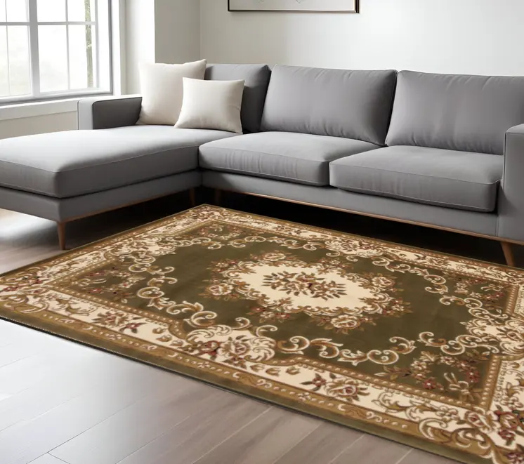 10' X 13' Green And Ivory Floral Medallion Area Rug