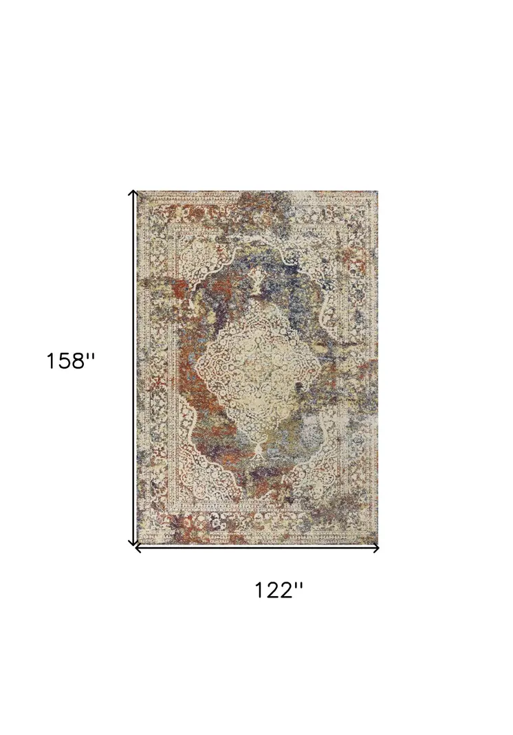 10' X 13' Ivory Blue and Orange Medallion Area Rug