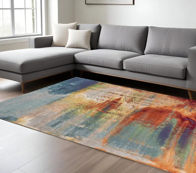 10' X 13' Blue Rust And Orange Abstract Area Rug