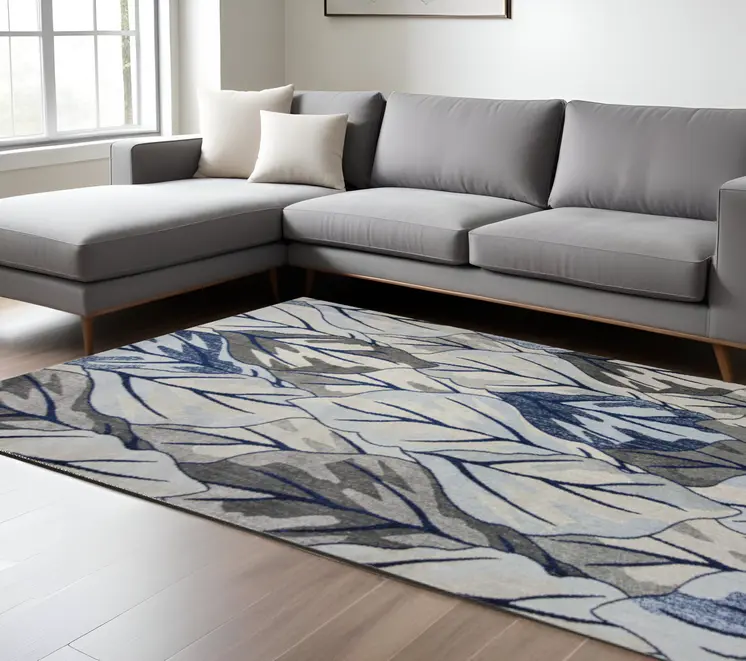 10' X 13' Gray And Navy Blue Botanical Leaves Area Rug