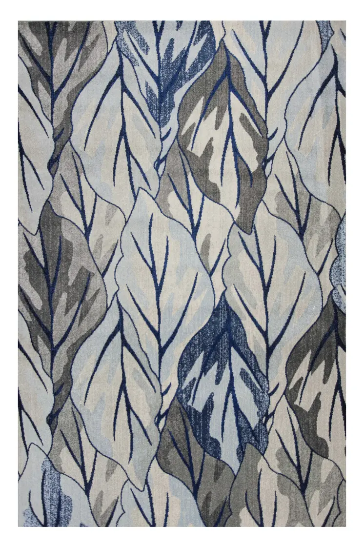 10' X 13' Gray And Navy Blue Botanical Leaves Area Rug