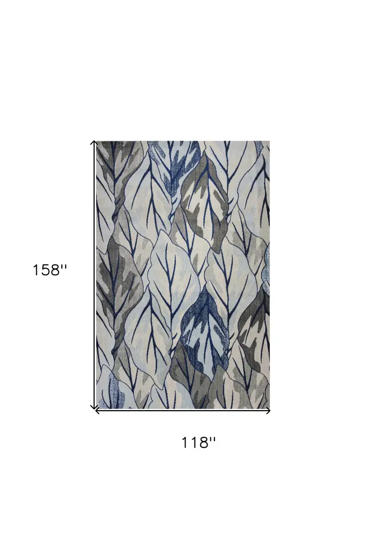 10' X 13' Gray And Navy Blue Botanical Leaves Area Rug