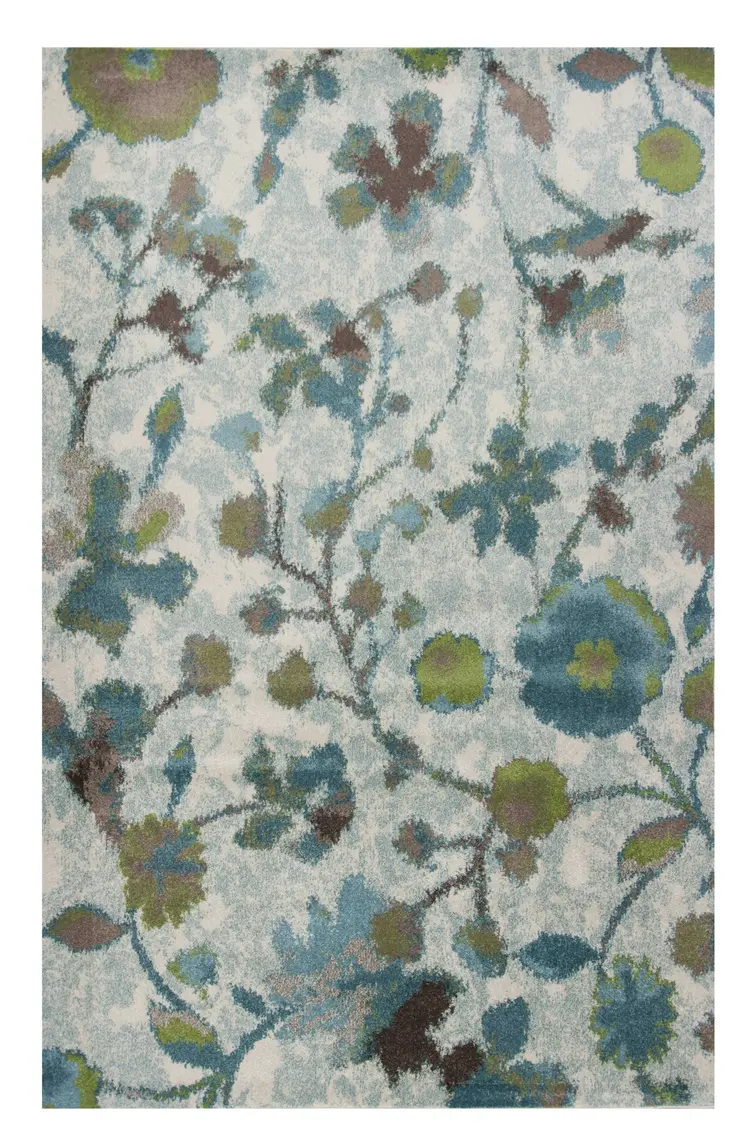 10' X 13' Teal Blue White And Green Floral Area Rug