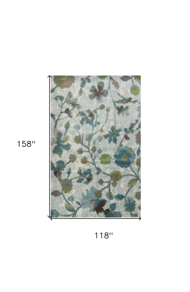 10' X 13' Teal Blue White And Green Floral Area Rug