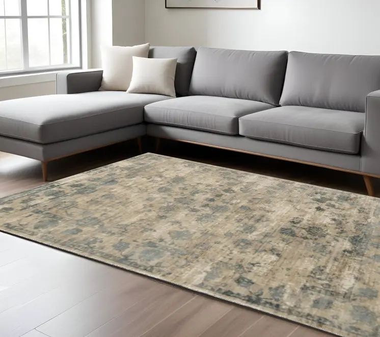 9' X 12' Blue Floral Vines Hand Loomed Distressed Area Rug