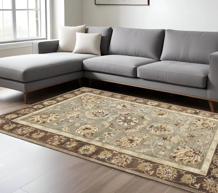 9' X 13' Gray Brown And Ivory New Zealand Lambs Wool Floral Hand Tufted Area Rug