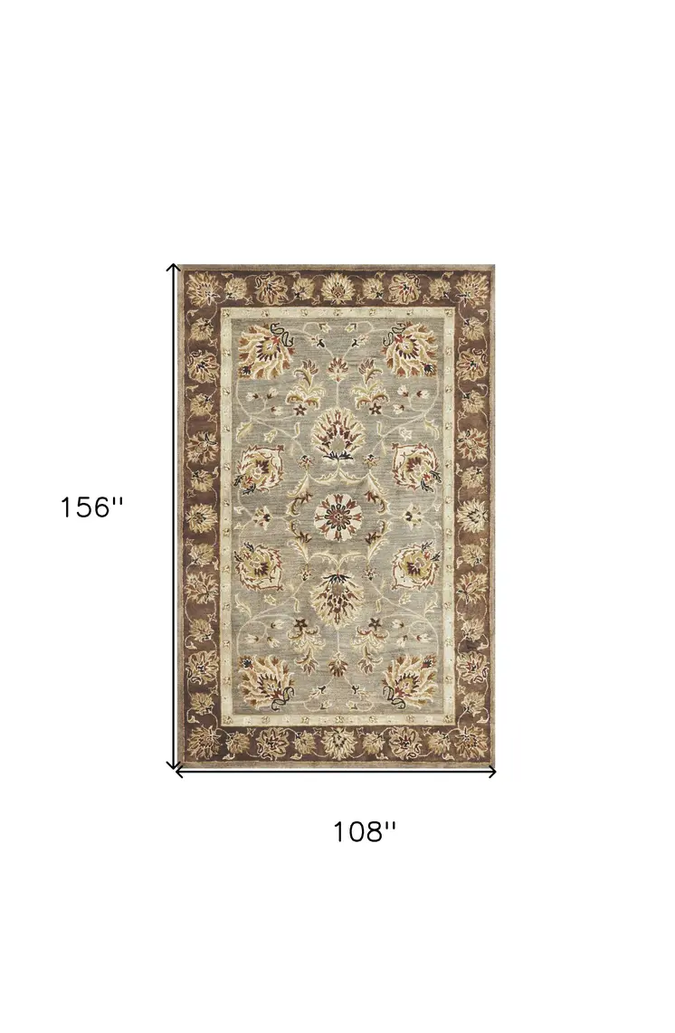9' X 13' Gray Brown And Ivory New Zealand Lambs Wool Floral Hand Tufted Area Rug