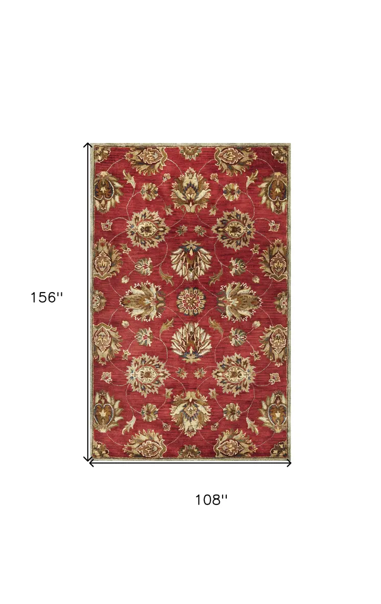 9' X 13' Red and Ivory Wool Floral Handmade Area Rug