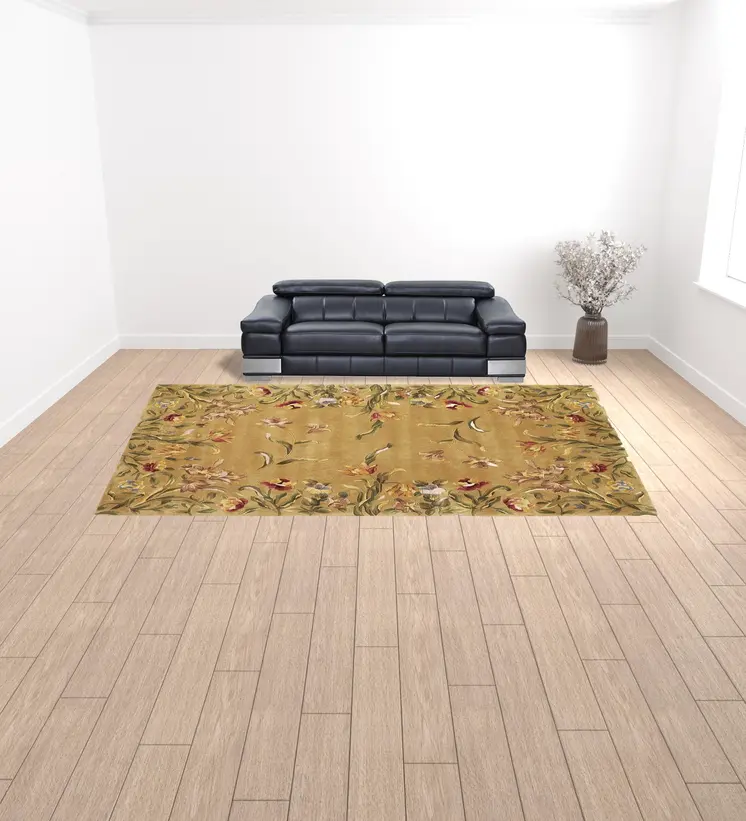9' X 13' Golden Yellow Wool Floral Hand Tufted Area Rug