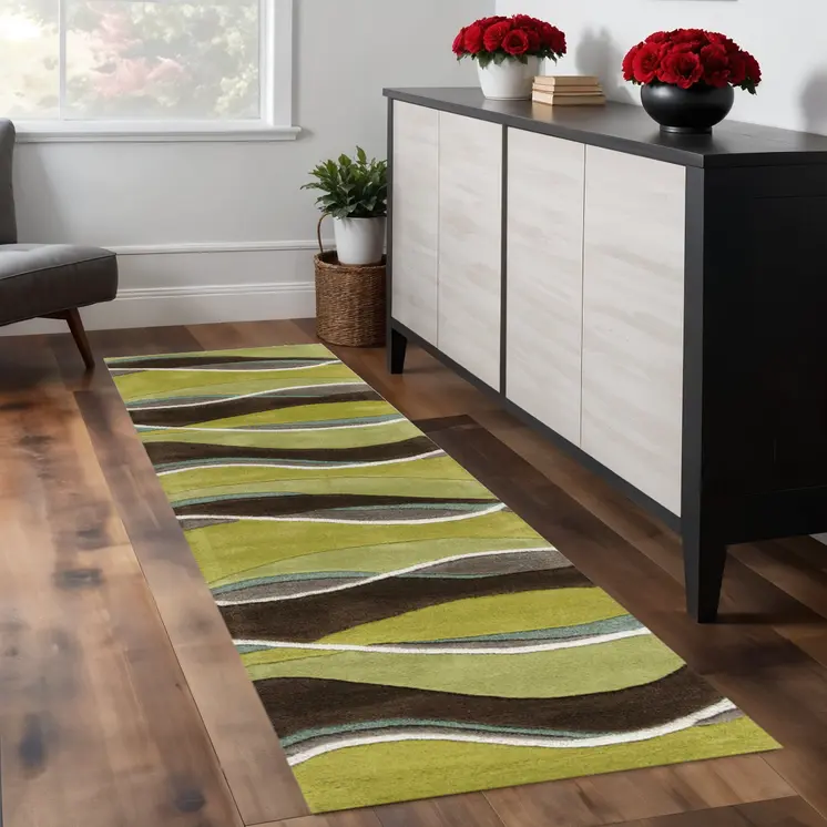 8' Lime Mocha Hand Tufted Abstract Waves Indoor Runner Rug