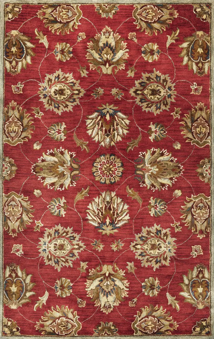 3' X 5' Red Gold And Green New Zealand Lambs Wool Floral Medallion Hand Tufted Area Rug