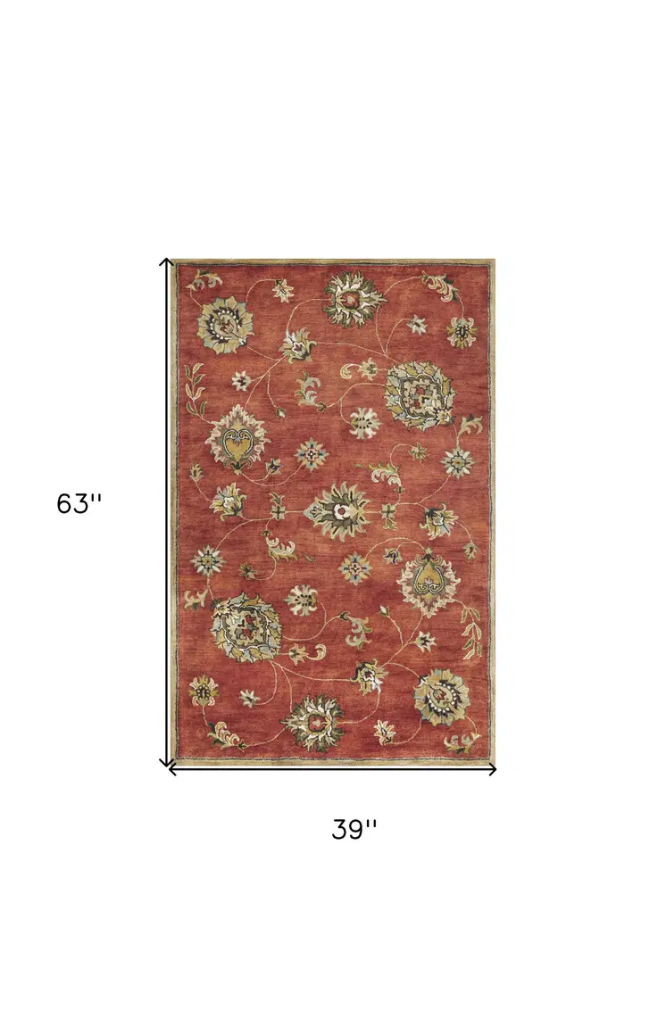3' X 5' Red Gold And Green New Zealand Lambs Wool Floral Medallion Hand Tufted Area Rug