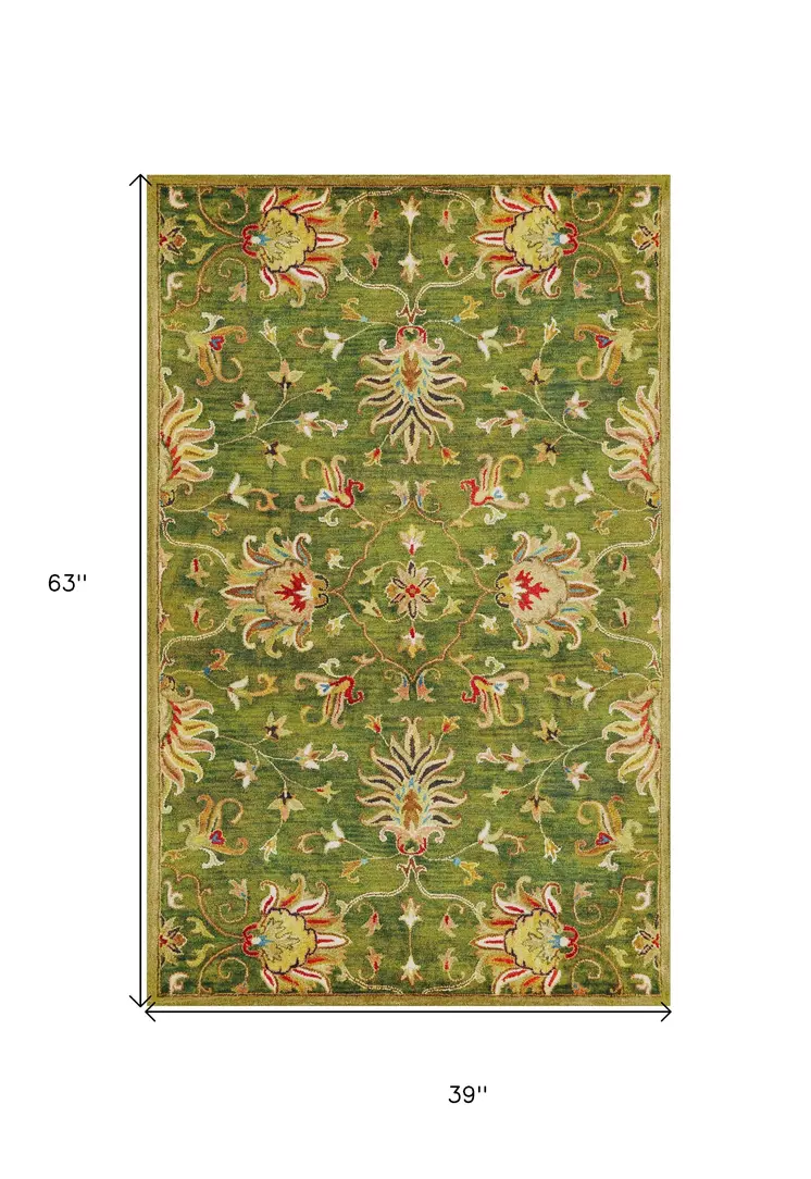3' X 5' Green New Zealand Lambs Wool Floral Hand Tufted Area Rug