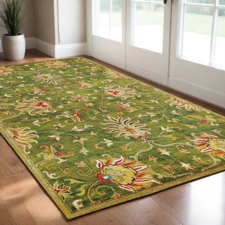 3' X 5' Green New Zealand Lambs Wool Floral Hand Tufted Area Rug