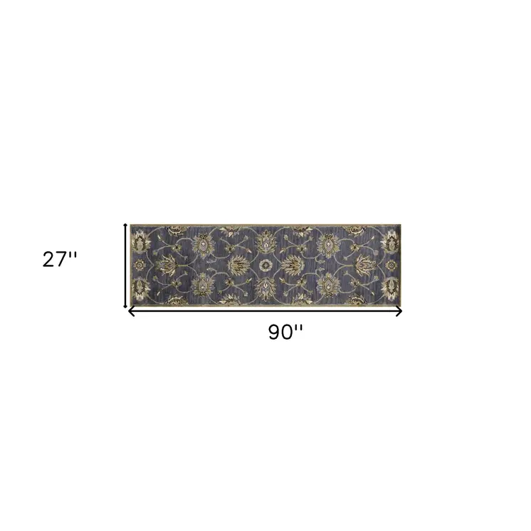7' Midnight Blue Hand Tufted Wool Traditional Floral Indoor Runner Rug