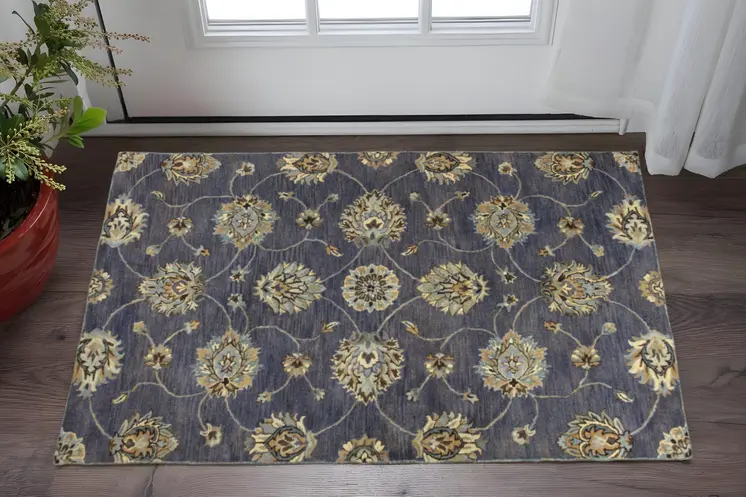 3' X 5' Midnight Floral Vines Wool Area Rug
