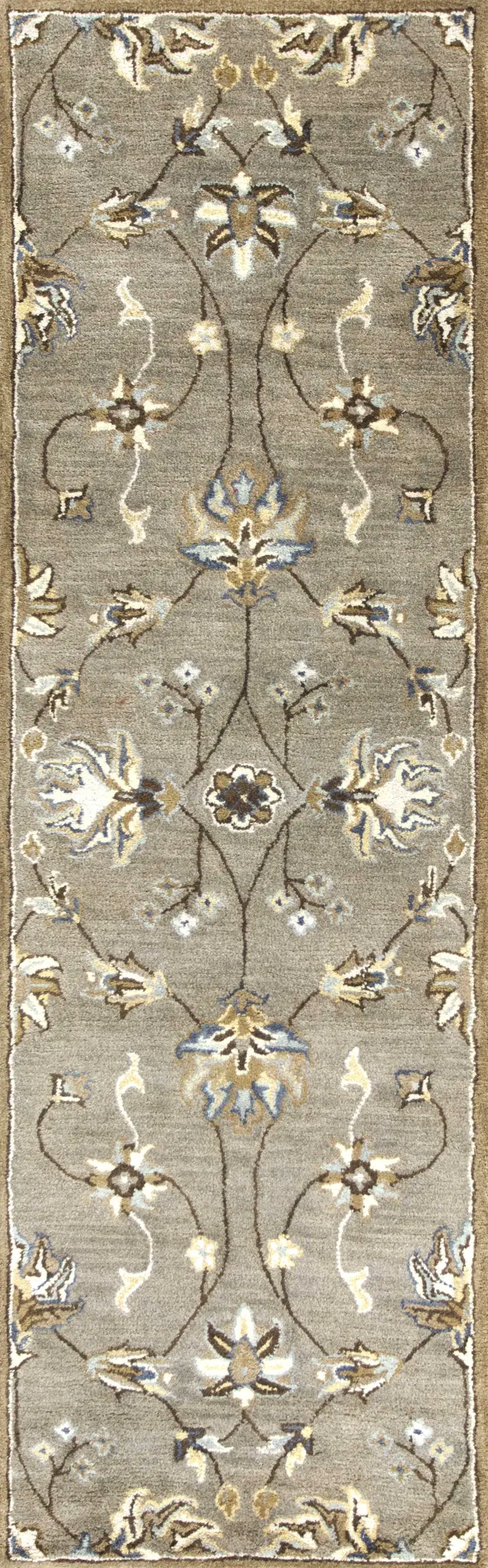 7' Gray And Ivory New Zealand Lambs Wool Floral Hand Tufted Runner Rug