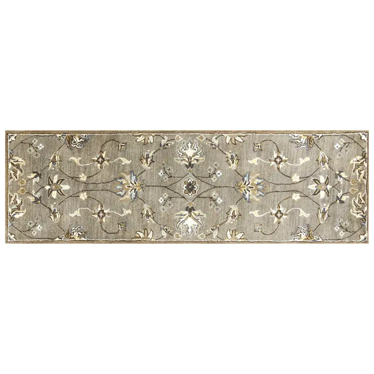 7' Gray And Ivory New Zealand Lambs Wool Floral Hand Tufted Runner Rug