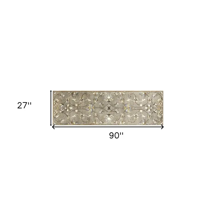 7' Gray And Ivory New Zealand Lambs Wool Floral Hand Tufted Runner Rug