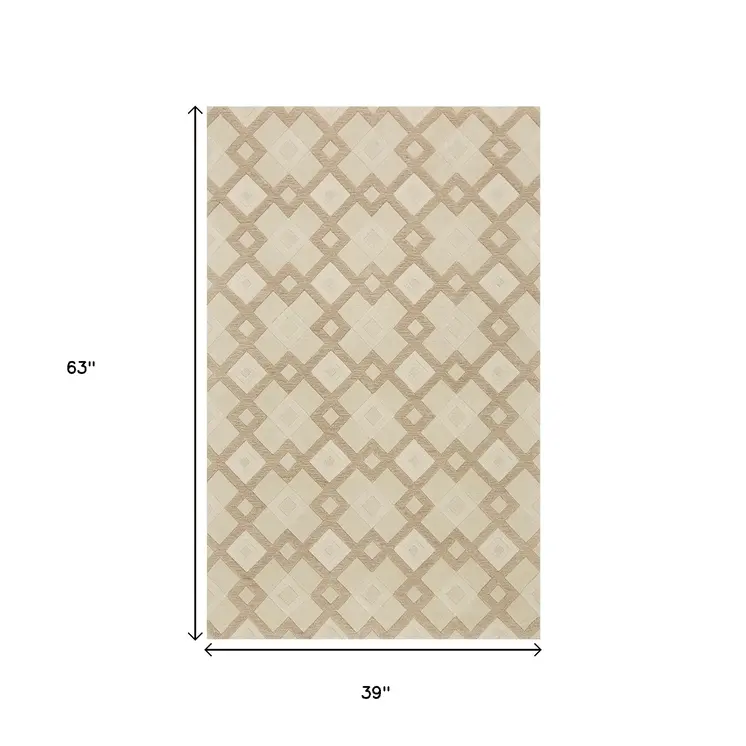 3' X 5' Ivory Geometric Diamonds Wool Area Rug