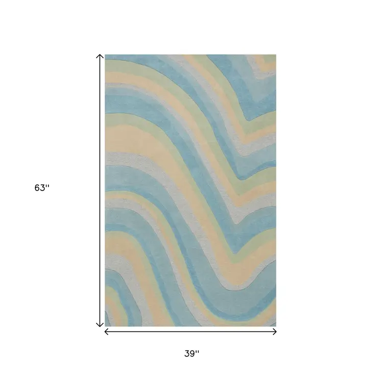 3' X 5' Blue And Beige Wool Abstract Hand Tufted Area Rug