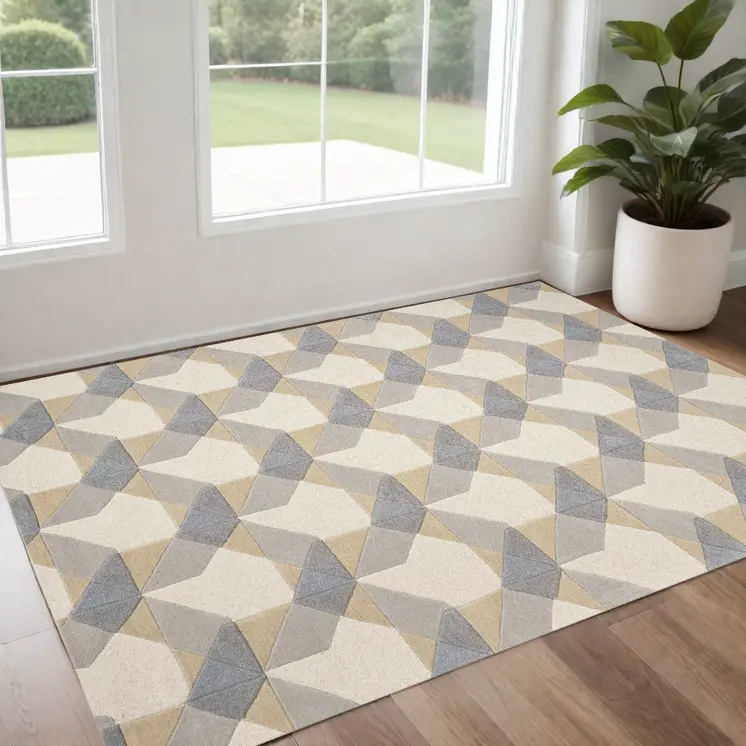 3' X 5' Gray And Ivory Wool Geometric Area Rug