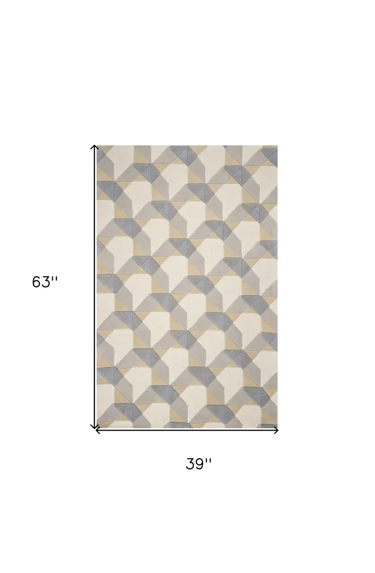 3' X 5' Gray And Ivory Wool Geometric Area Rug