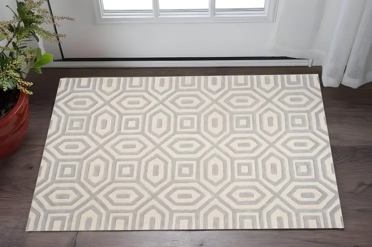 3' X 5' Gray And Tan Wool Geometric Hand Tufted Area Rug