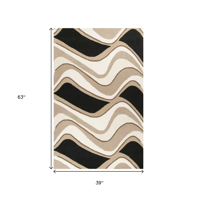 3' X 5' Black Or Beige Abstract Waves Wool Area Rug