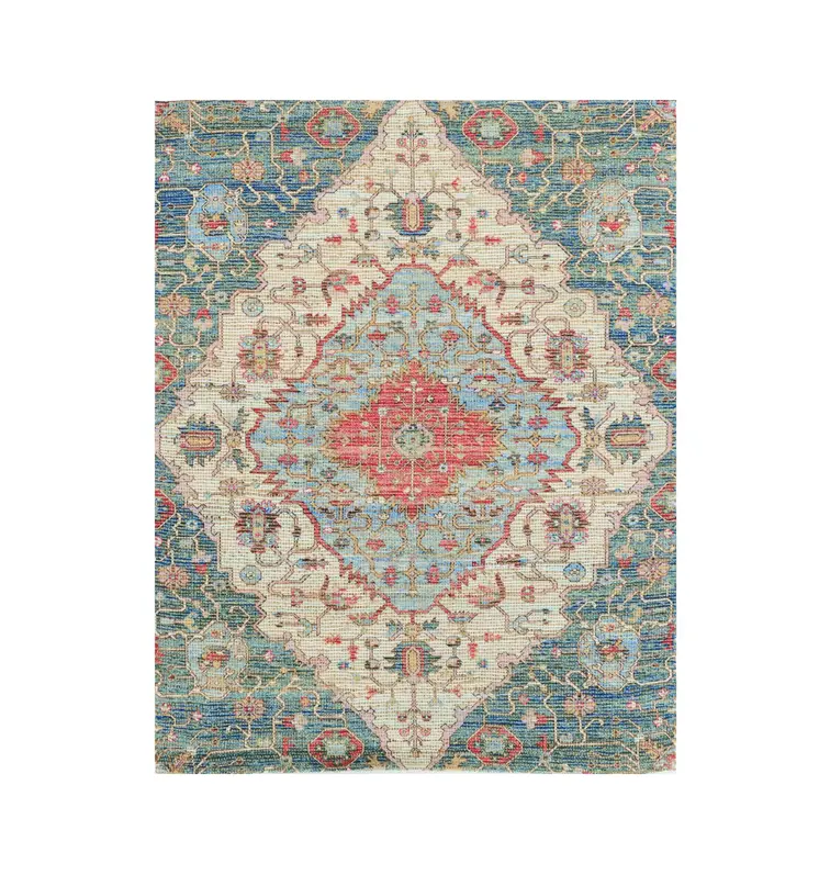5' X 7' Blue and Beige Medallion Hand Woven Distressed Area Rug