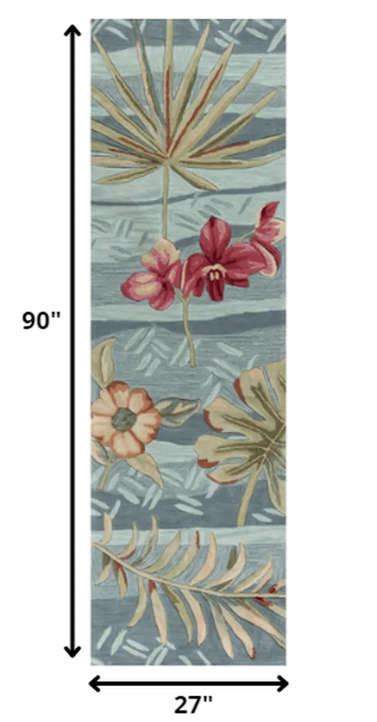 2' X 7' Seafoam Tropical Leaves Runner Rug