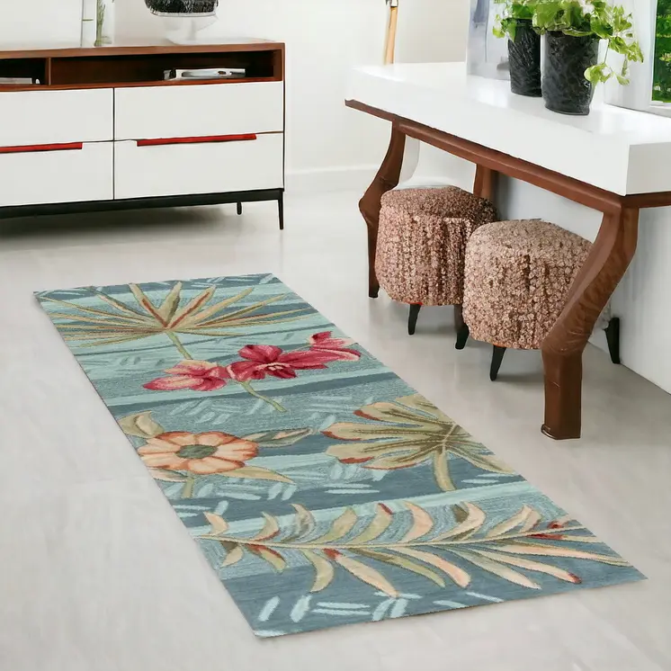 2' X 7' Seafoam Tropical Leaves Runner Rug