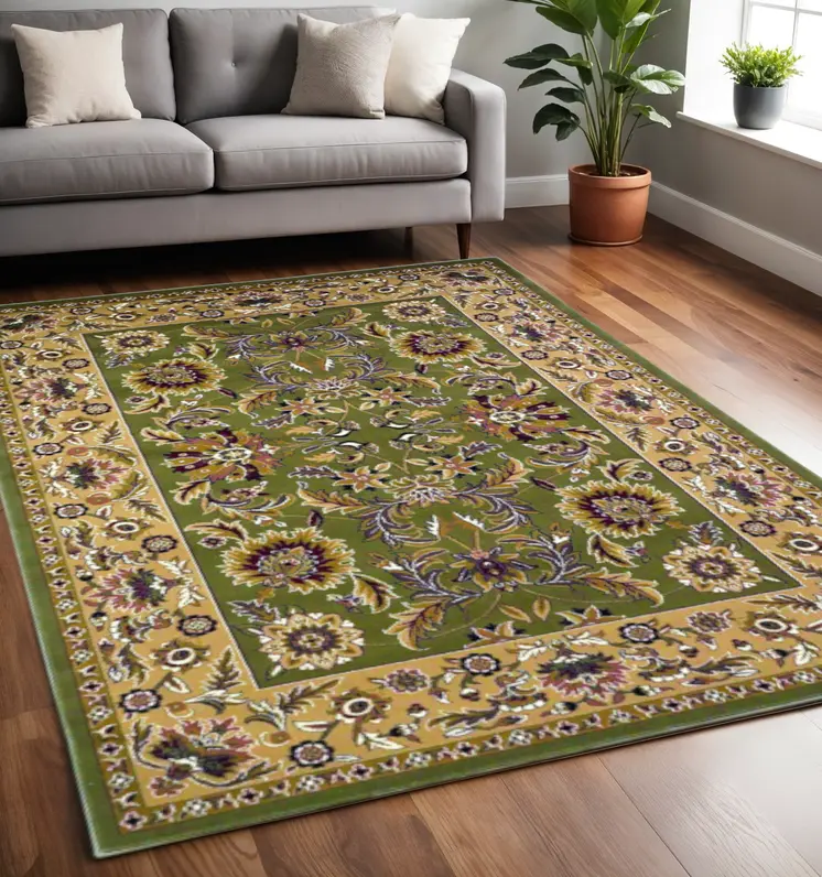 5' X 8' Green Or Taupe Floral Bordered Area Rug