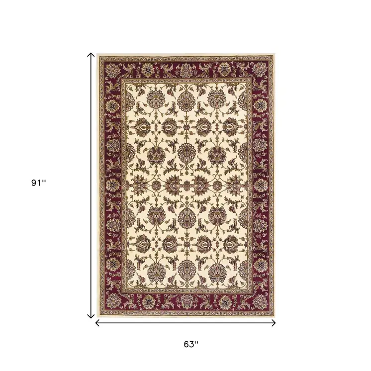 5' X 8' Ivory And Red Floral Area Rug