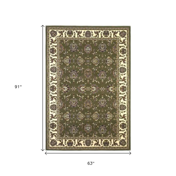 5' X 8' Green And Ivory Floral Area Rug