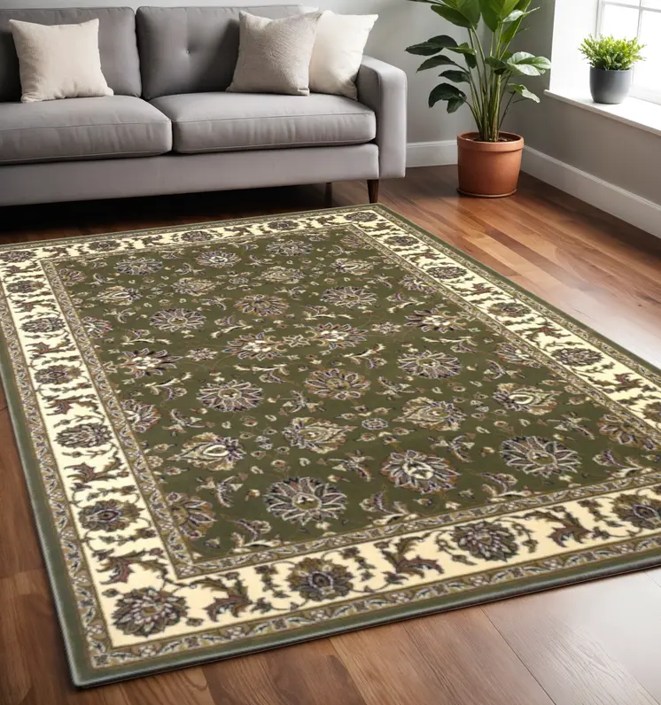 5' X 8' Green And Ivory Floral Area Rug