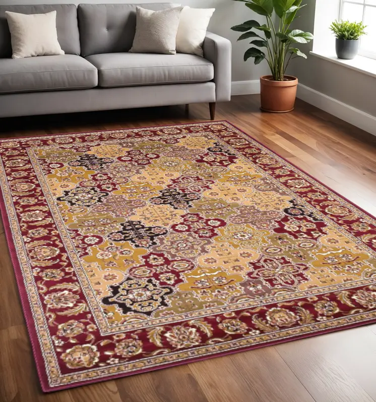 5' X 8' Red Floral Panel Bordered Area Rug
