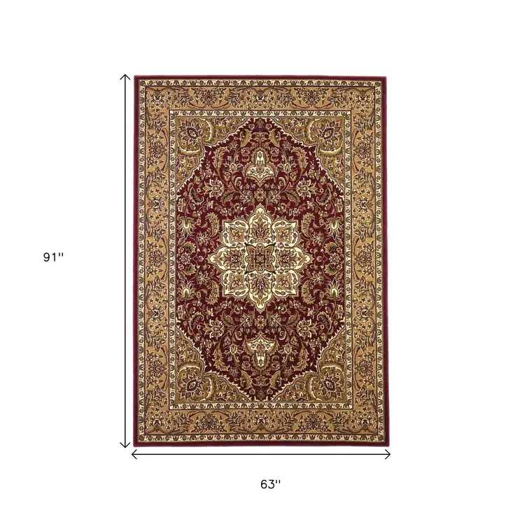5' X 8' Red And Beige Floral Medallion Area Rug