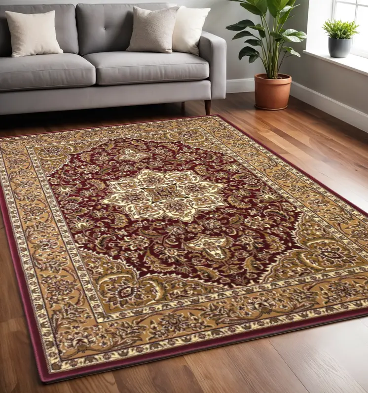 5' X 8' Red And Beige Floral Medallion Area Rug
