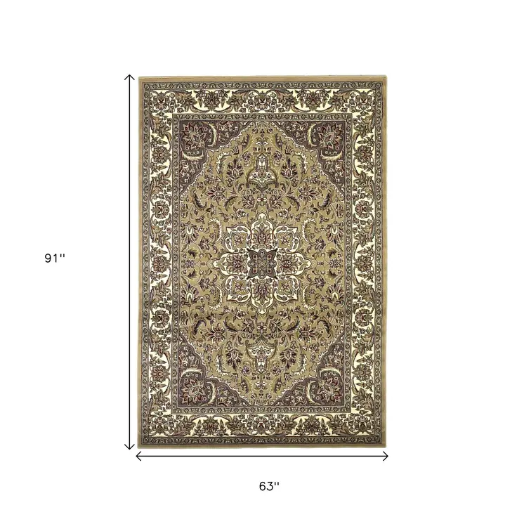 5' X 8' Beige And Ivory Floral Medallion Area Rug