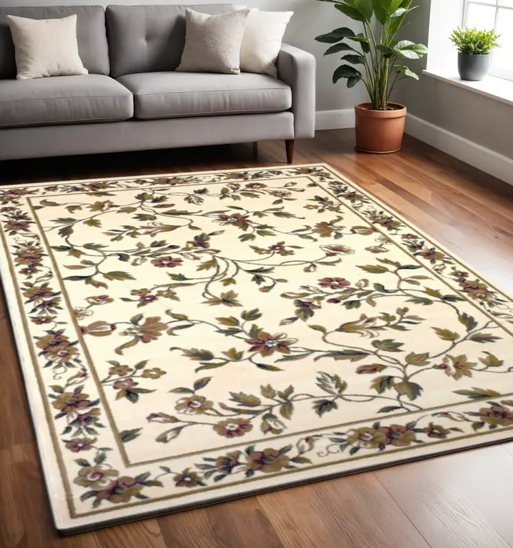 5' X 8' Ivory Floral Vine Bordered Area Rug