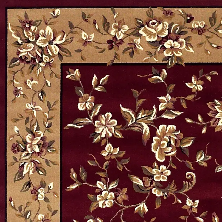 5' X 8' Red Or Beige Floral Bordered Area Rug