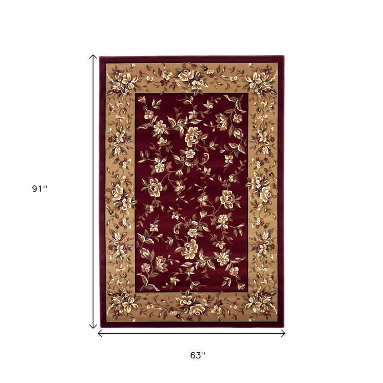 5' X 8' Red Or Beige Floral Bordered Area Rug