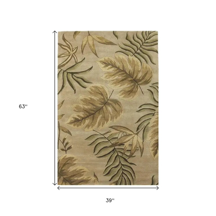 3' X 5' Sand And Beige Wool Botanical Leaves Hand Tufted Area Rug