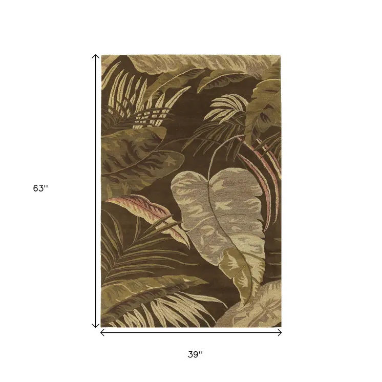 3' X 5' Mocha Leaves Wool Area Rug
