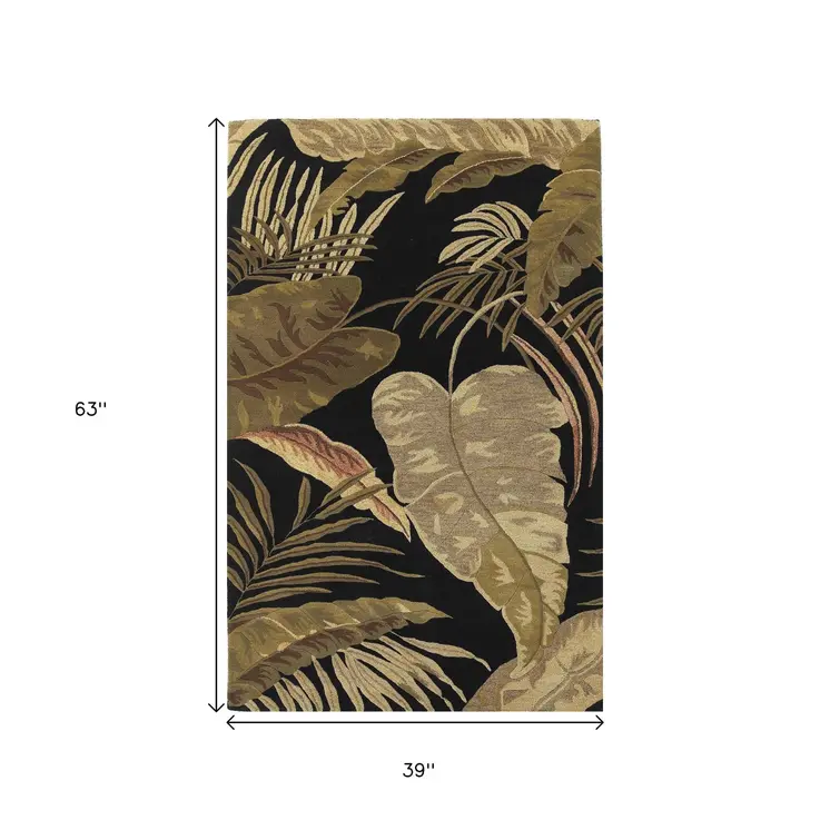 3' X 5' Black And Green Wool Botanical Leaves Hand Tufted Area Rug
