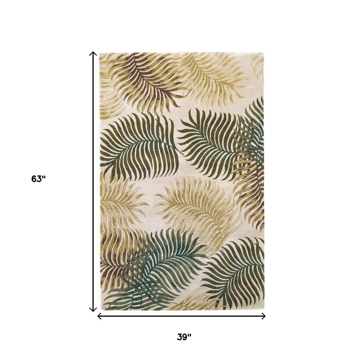 3' X 5' Natural And Green Wool Botanical Leaves Hand Tufted Area Rug