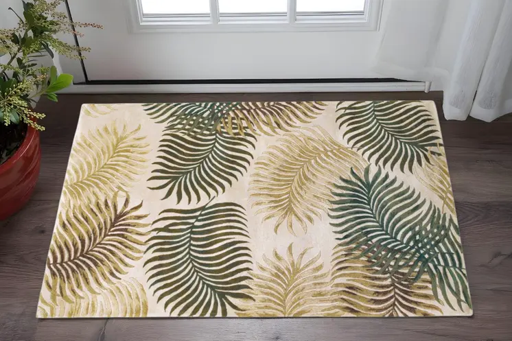 3' X 5' Natural And Green Wool Botanical Leaves Hand Tufted Area Rug
