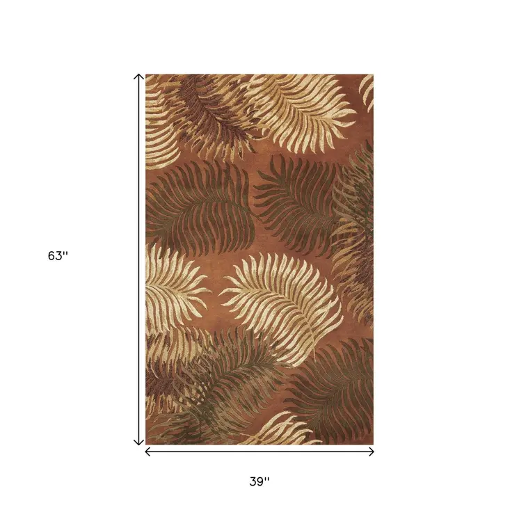 3' X 5' Rust Fern Leaves Wool Area Rug